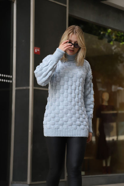 Women's High Neck Oversized Pattern Knitted Sweater by Memnu - MEWS514