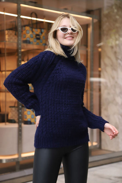 Women's High Neck Velvety Finish Pattern Knitted Sweater by Memnu - MEWS519