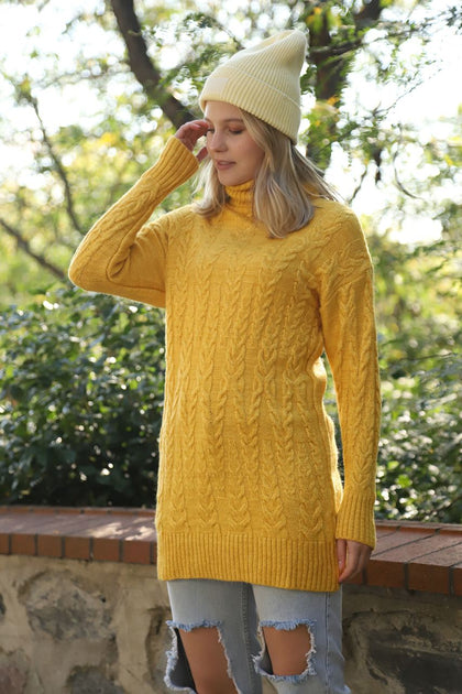 Womens Knitted High Neck Cable Knit Dress MEWKND102