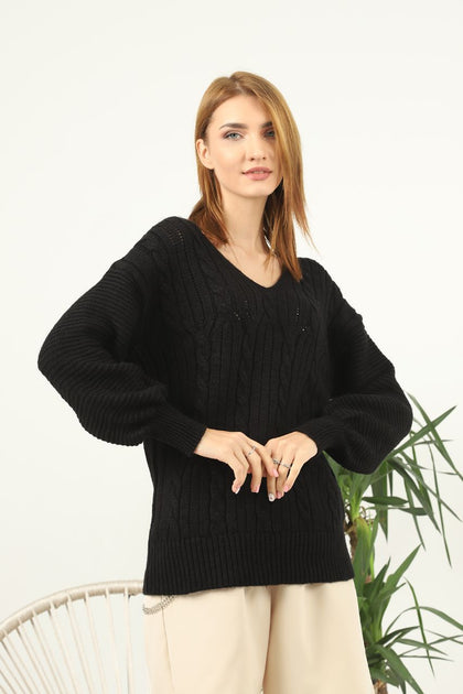 Women's Oversized V Neck Pattern Knitted Sweater by Memnu - MEWS555