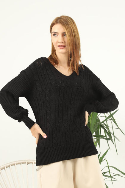 Women's Oversized V Neck Pattern Knitted Sweater by Memnu - MEWS555