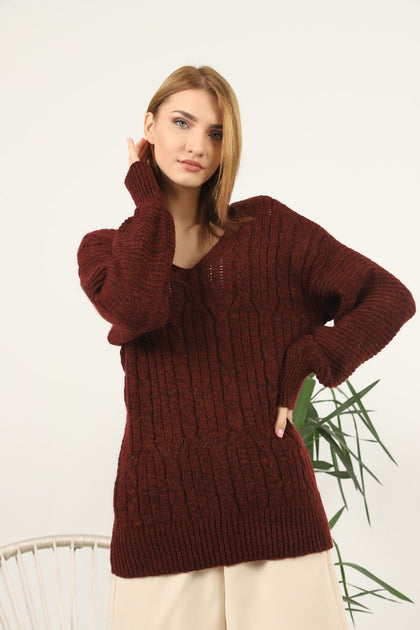 Women's Oversized V Neck Pattern Knitted Sweater by Memnu - MEWS556