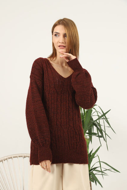 Women's Oversized V Neck Pattern Knitted Sweater by Memnu - MEWS556