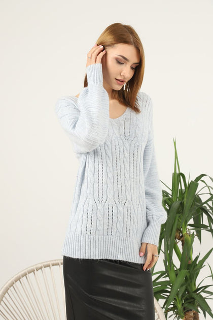 Women's Oversized V Neck Pattern Knitted Sweater by Memnu - MEWS581