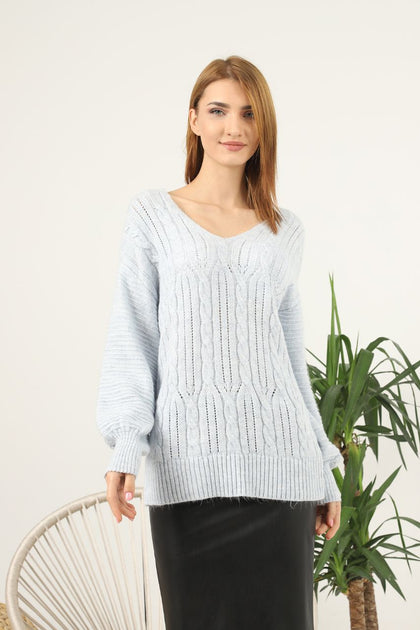 Women's Oversized V Neck Pattern Knitted Sweater by Memnu - MEWS581