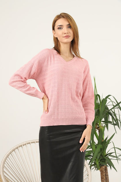 Women's V Neck Pattern Knitted Sweater by Memnu - MEWS582