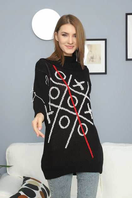 Women's Tic Tac Toe Pattern Knitted Sweater by Memnu - MEWS586