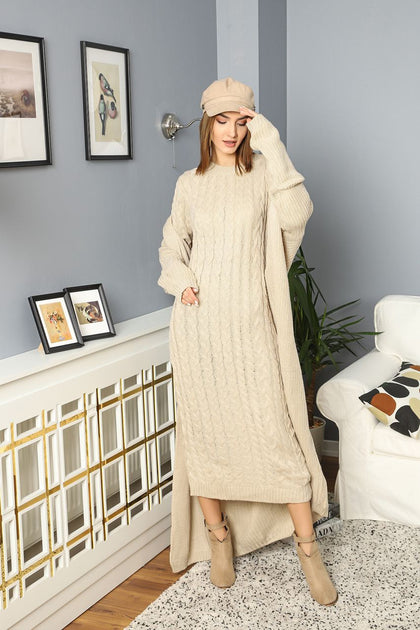 Womens 2 Piece Cable Knit Cardigan and Dress Knitted Co Ord Set WTWCD433