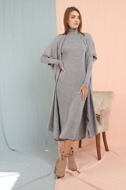 Womens 2 Piece Cardigan and High Neck Dress Knitted Co Ord Set WTWCD447