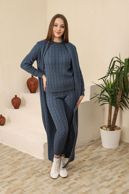 Womens 3 Piece Cardigan and Sweater and Pants Knitted Co Ord Set WTWCD454