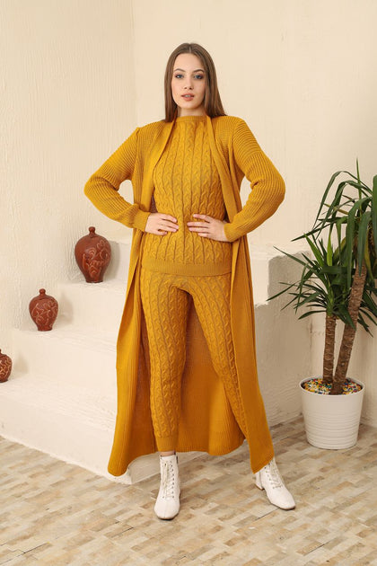 Womens 3 Piece Cardigan and Sweater and Pants Knitted Co Ord Set WTWCD456