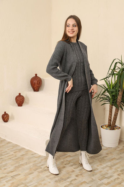 Womens 3 Piece Cardigan and Sweater and Pants Knitted Co Ord Set WTWCD457