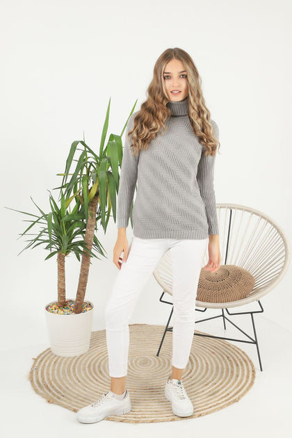 Women's Pattern Knitted High Neck Sweater by Memnu - MEWS625