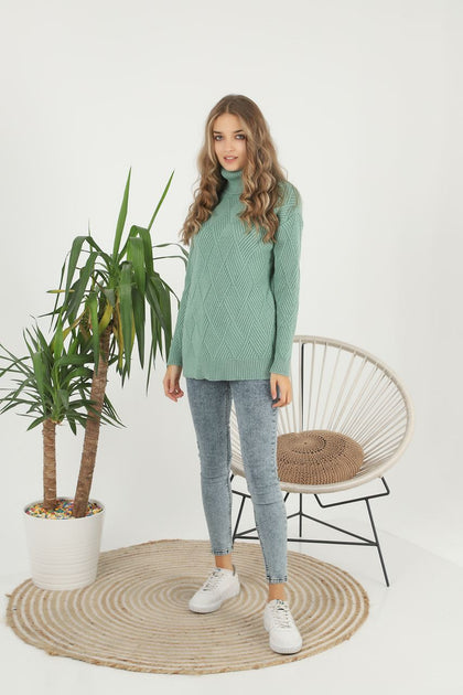 Women's Pattern Knitted High Neck Sweater by Memnu - MEWS641