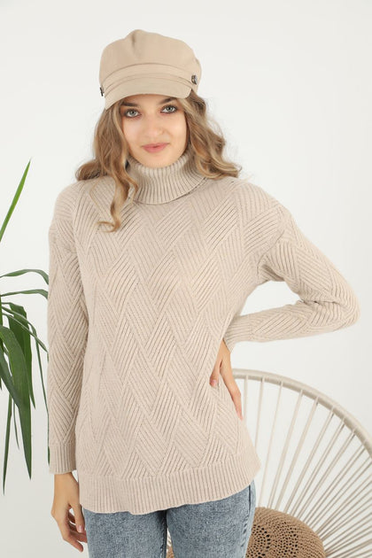 Women's Pattern Knitted High Neck Sweater by Memnu - MEWS639