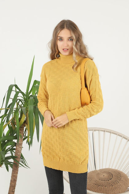 Womens Knitted Pattern High Neck Dress MEWKND217