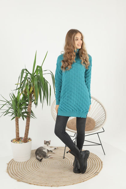 Womens Knitted Pattern High Neck Dress MEWKND219