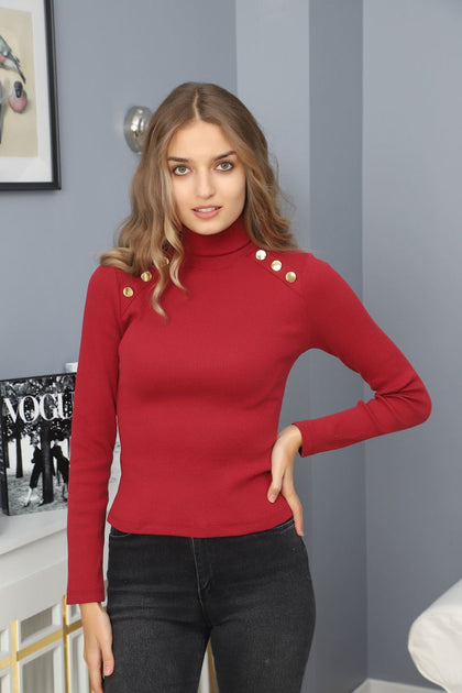 Women's Button Knit Detail High Neck Top - WST161