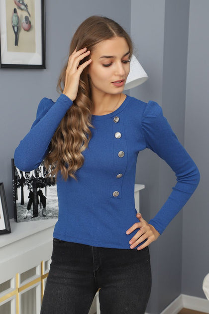 Women's Button Knit Detail Puff Sleeve Top - WST162