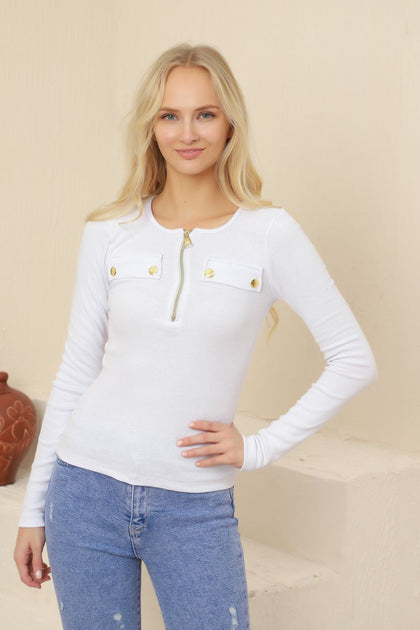 Women's Button Zip Knit Detail Top - WST199