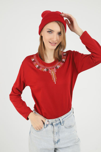 Women's Embroidered Knit Detail Top - WST218