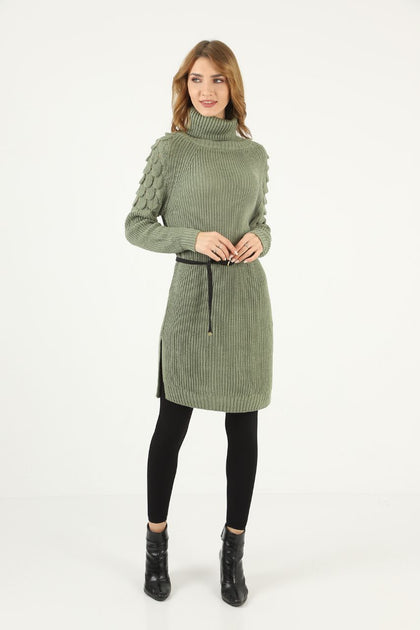 Womens Knitted Pattern Detail High Neck Dress MEWKND271