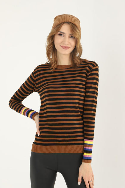 Women's Striped Knitted Light Sweater by Memnu - MEWS660