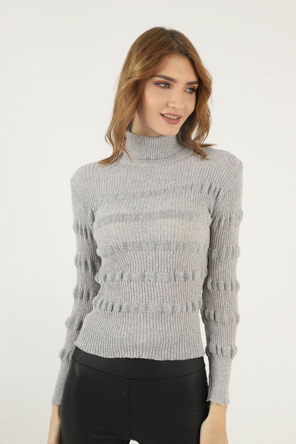 Women's Puff Detail Knitted High Neck Light Sweater by Memnu - MEWS667