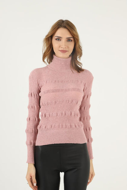 Women's Puff Detail Knitted High Neck Light Sweater by Memnu - MEWS669