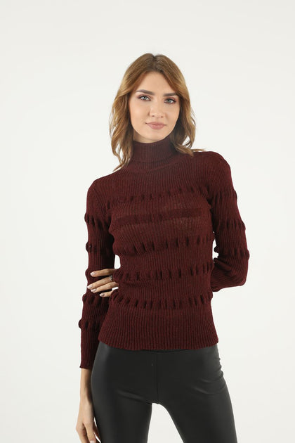 Women's Puff Detail Knitted High Neck Light Sweater by Memnu - MEWS670