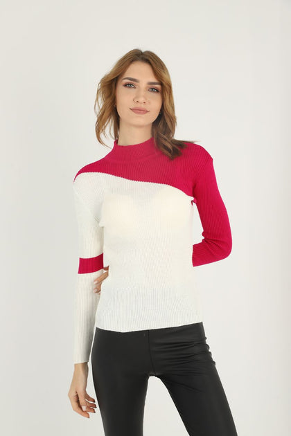 Women's Contrast Detail Knitted High Neck Light Sweater by Memnu - MEWS677