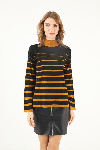 Women's Striped Knitted High Neck Light Sweater by Memnu - MEWS689