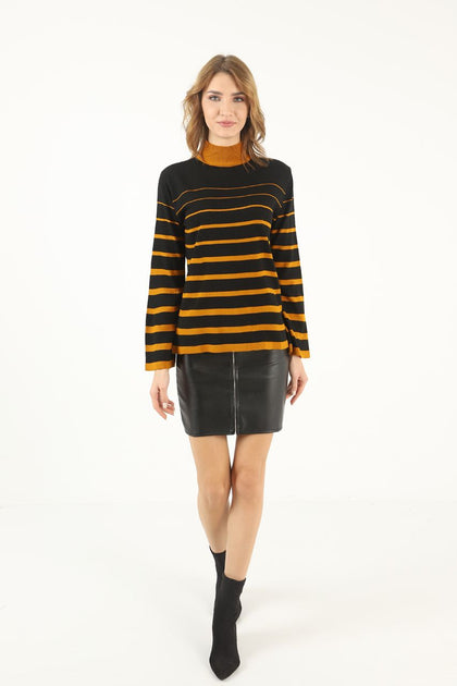 Women's Striped Knitted High Neck Light Sweater by Memnu - MEWS689