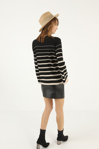 Women's Striped Knitted High Neck Light Sweater by Memnu - MEWS690