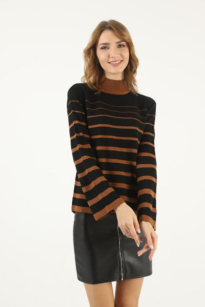 Women's Striped Knitted High Neck Light Sweater by Memnu - MEWS691