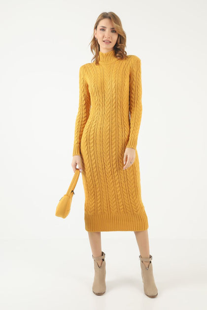 Womens Knitted Cable Knit Pattern High Neck Dress MEWKND340