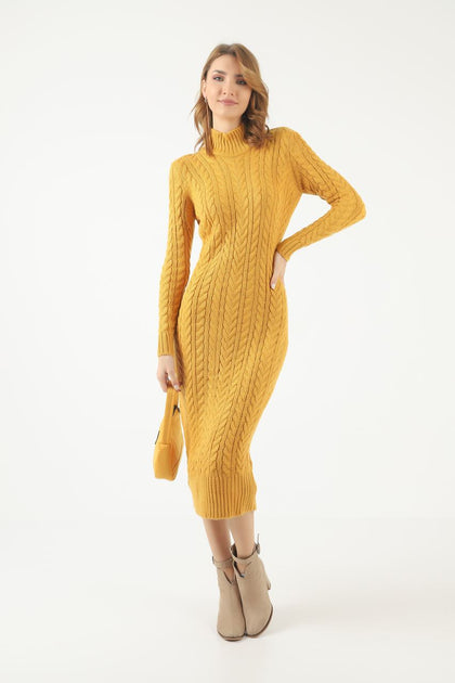 Womens Knitted Cable Knit Pattern High Neck Dress MEWKND340