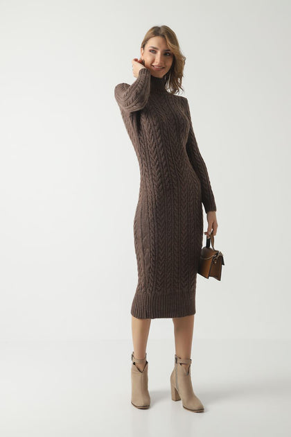 Womens Knitted Cable Knit Pattern High Neck Dress MEWKND342