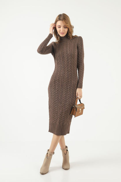 Womens Knitted Cable Knit Pattern High Neck Dress MEWKND342