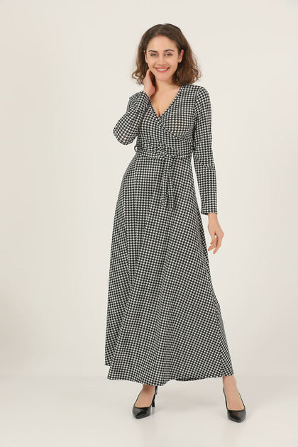 Women's Houndstooth Print Printed Maxi Dress - MWMSD135