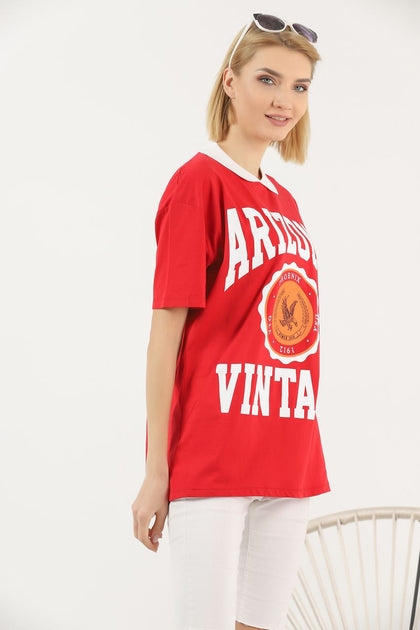 Women's Oversized Contrast Collar Printed Detail Cotton T-Shirt MEPST526