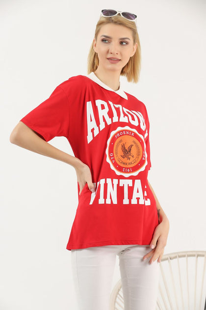 Women's Oversized Contrast Collar Printed Detail Cotton T-Shirt MEPST526