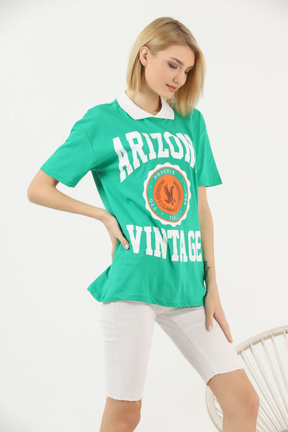 Women's Oversized Contrast Collar Printed Detail Cotton T-Shirt MEPST540