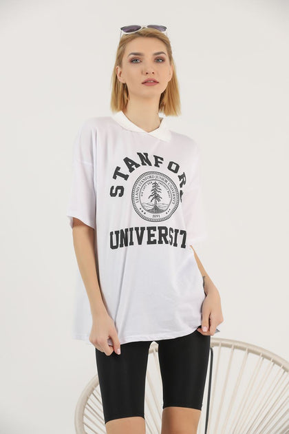 Women's Oversized Contrast Collar Printed Detail Cotton T-Shirt MEPST534