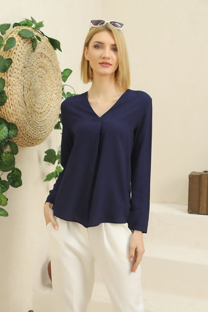 Women's V Neck Pleat Detail Top - WST290