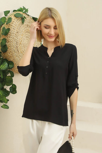 Women's Button Neck Pleat Detail Top - WST298