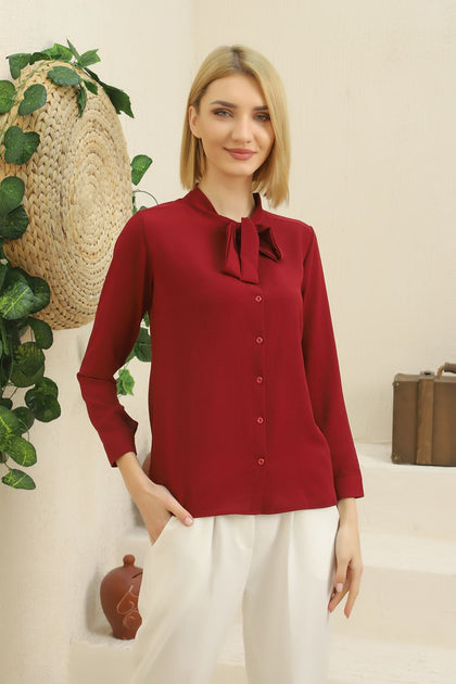 Women's Tie Neck Button Detail Top - WST303