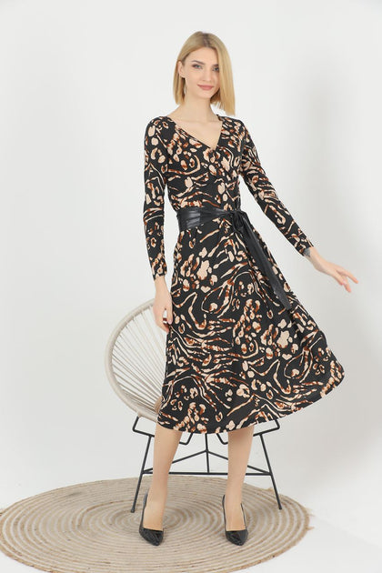 Women's Animal Print Printed Belted Maxi Dress - MWMSD164