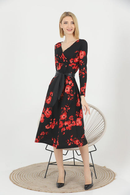 Women's Floral Print Printed Belted Maxi Dress - MWMSD161