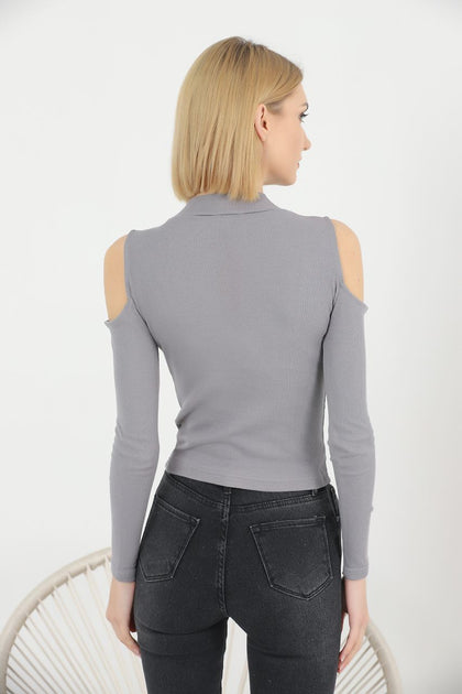 Women's Ribbed Knit Zip Detail Top - WST317